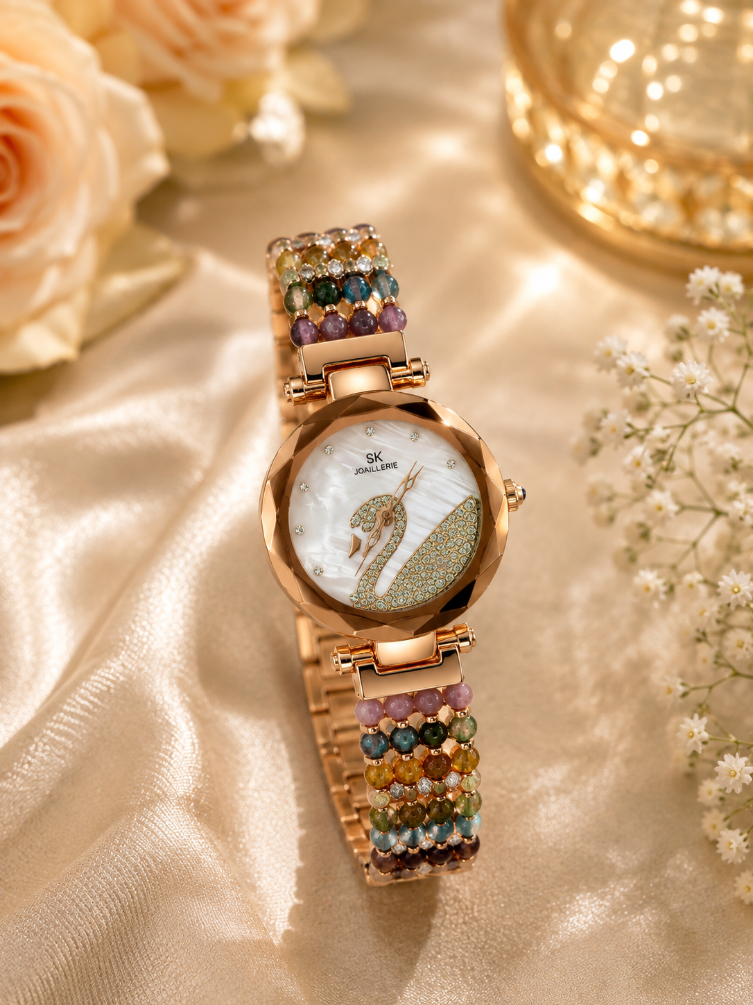 Women's rose gold bracelet watch with multicolor beads by Damani Jewels
