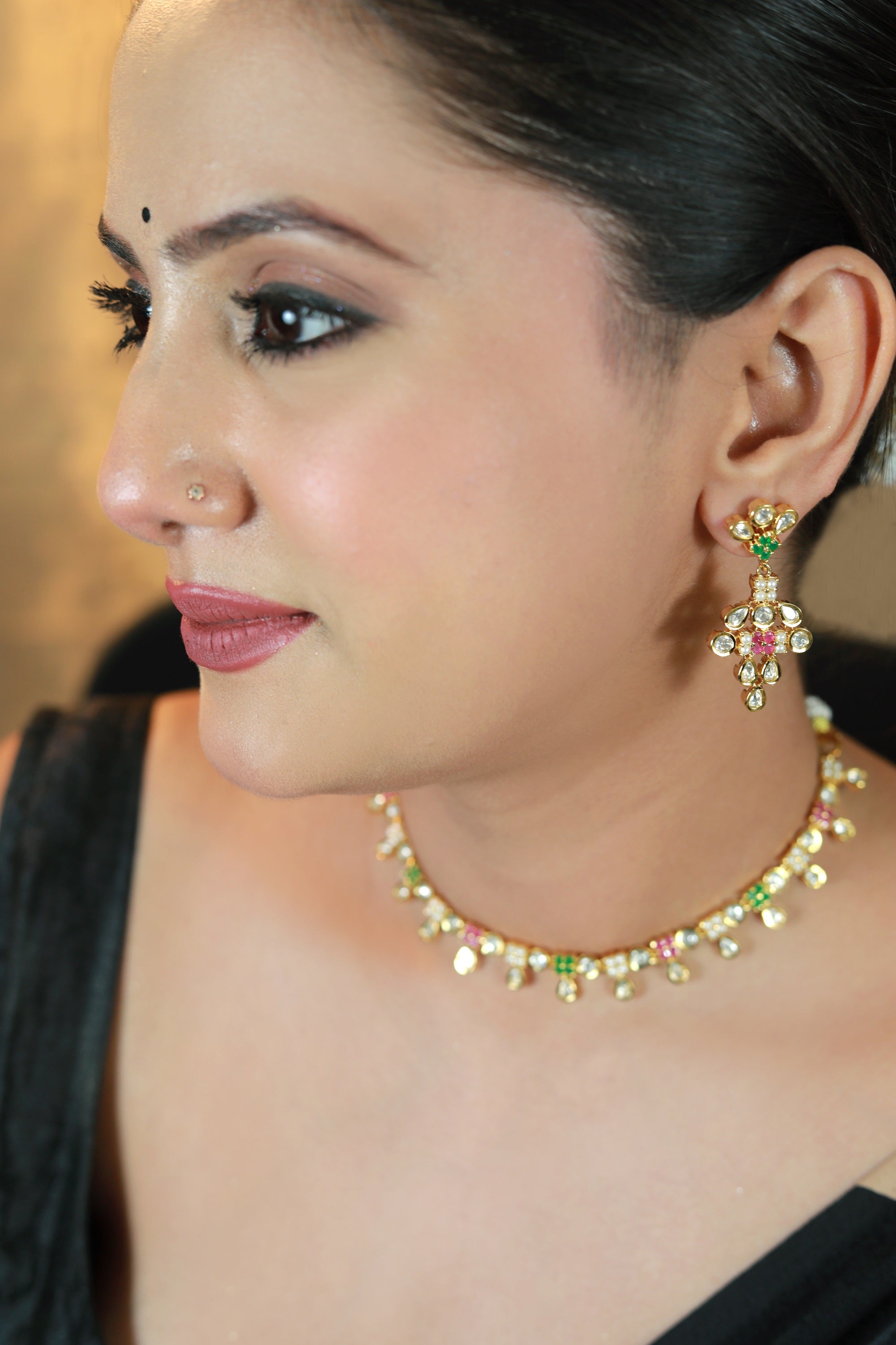 Gold-Plated Multicolor Stone Choker Necklace Set for Women – Traditional Wedding & Festive Jewelry