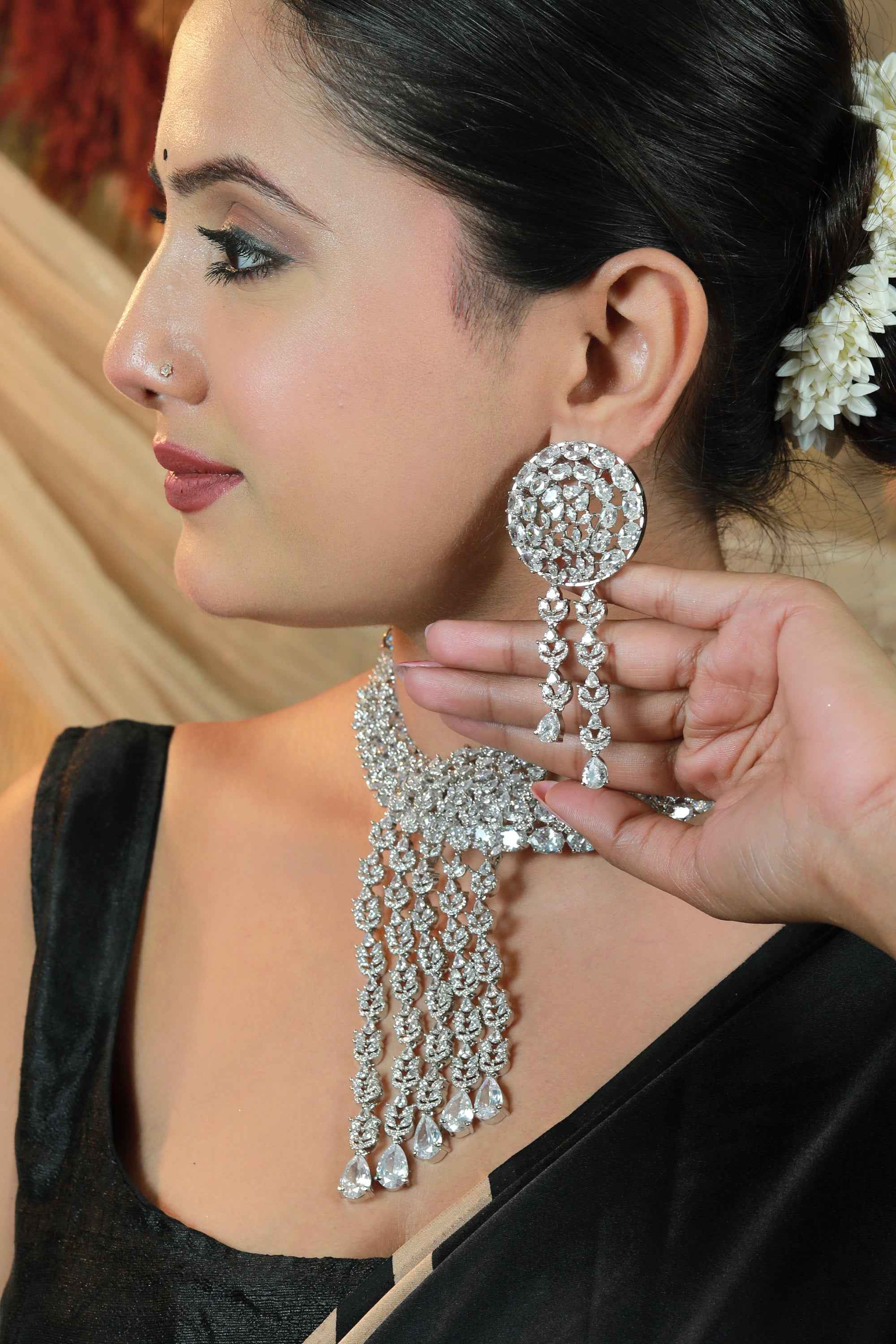 Premium Silver CZ Bridal Necklace Set with Long Dangling Design – Statement Wedding Jewelry