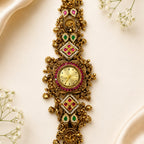 Antique Gold-Plated Designer Bracelet Watch with Ruby & Emerald Stonework