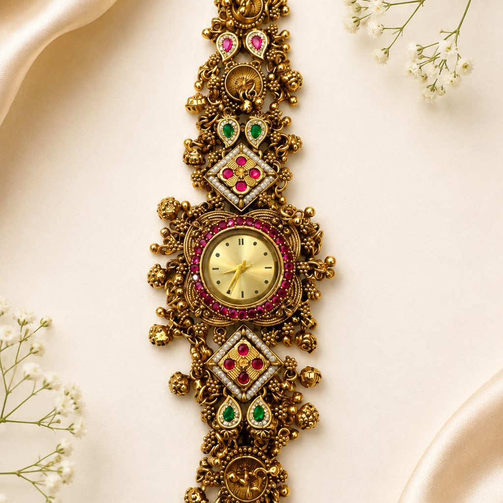Antique Gold-Plated Designer Bracelet Watch with Ruby & Emerald Stonework