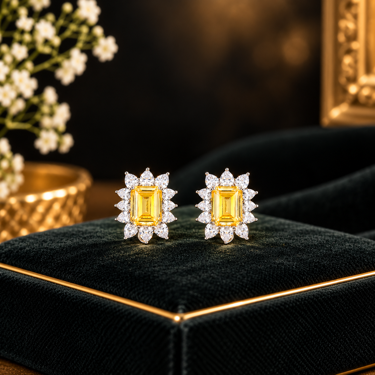 Damani Jewels Swarovski Crystal Yellow Emerald Cut Stud Earrings | Luxury Floral Halo Earrings for Women