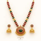 Traditional Red & Green Beaded Necklace Set with Jhumka Earrings | Damani Jewels