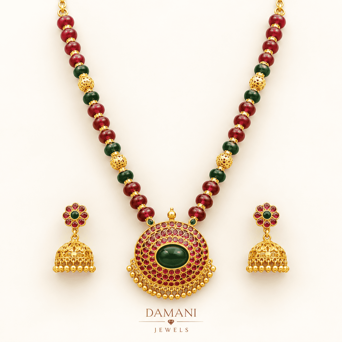 Traditional Red & Green Beaded Necklace Set with Jhumka Earrings | Damani Jewels