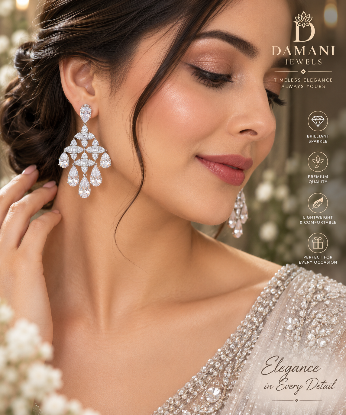 Woman wearing elegant Moissanite chandelier statement earrings by Damani Jewels