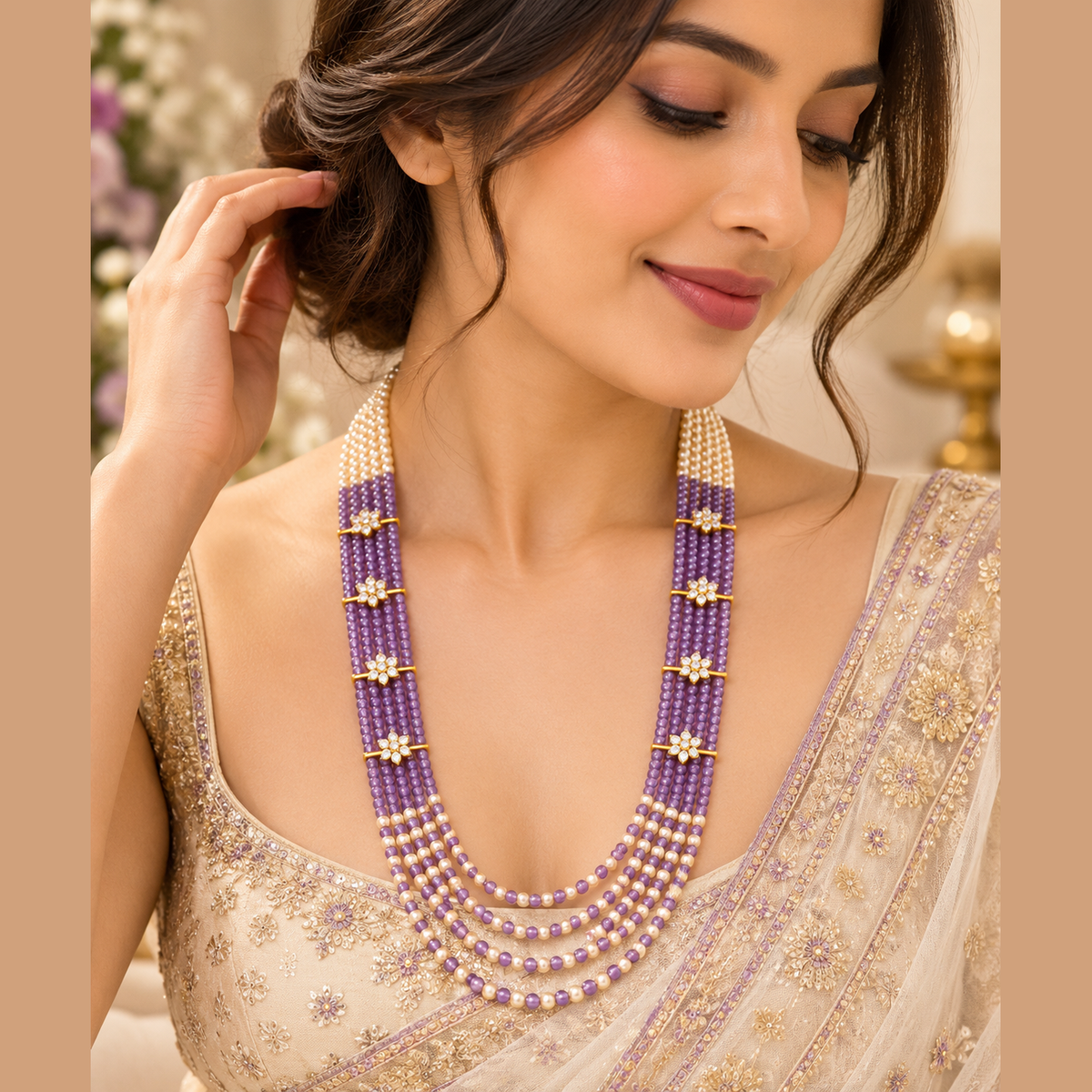 Multi Layered Green Crystal & Pearl Statement Necklace | Damani Jewels
