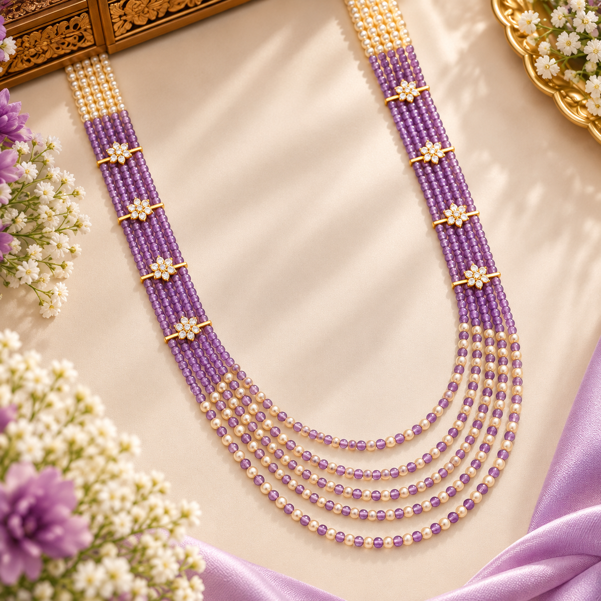 Multi Layered Green Crystal & Pearl Statement Necklace | Damani Jewels
