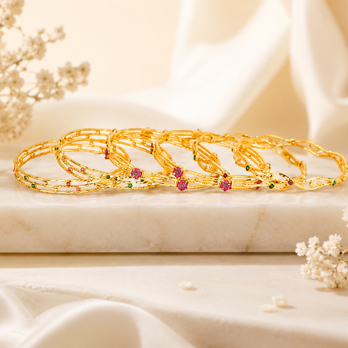 Designer Gold-Plated Multicolor Stone Bangle Set for Women | Traditional Stackable Bangles (Set of 6)