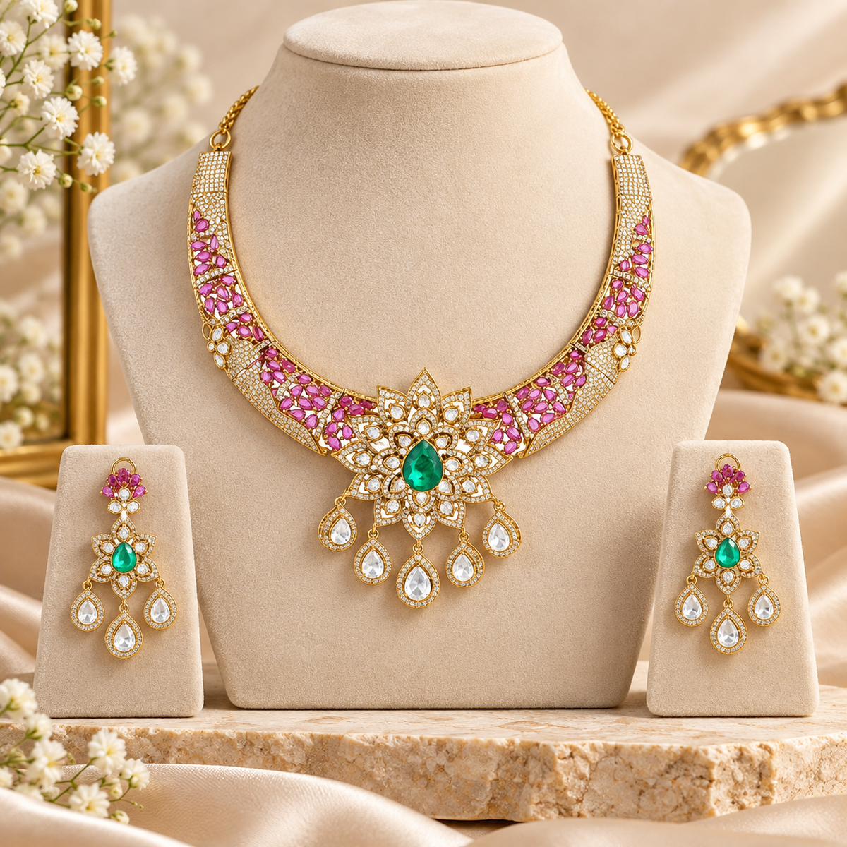 Moissanite Choker Necklace Set for Women | Green Stone Bridal Choker Set