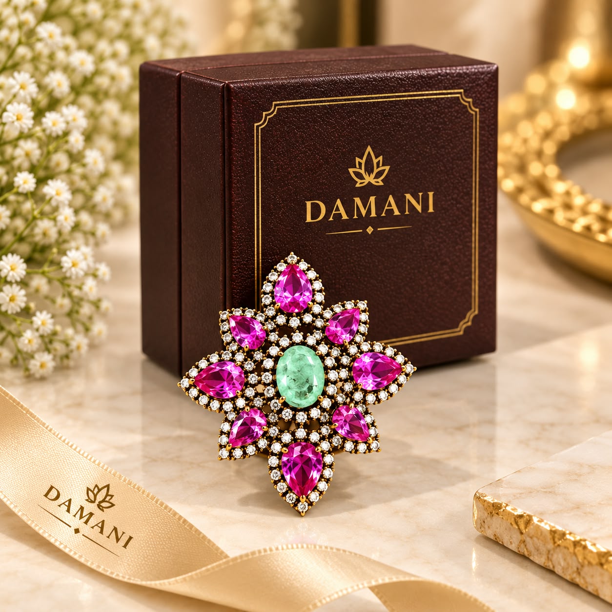 Pink green gemstone ring for wedding and festive wear