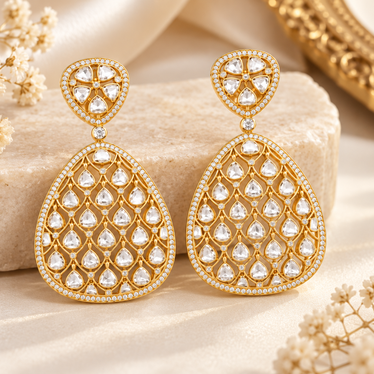 Close-up of gold-tone statement earrings featuring clear stones and a detailed teardrop setting
