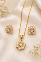 Flower Design CZ Pendant Necklace with Matching Earrings