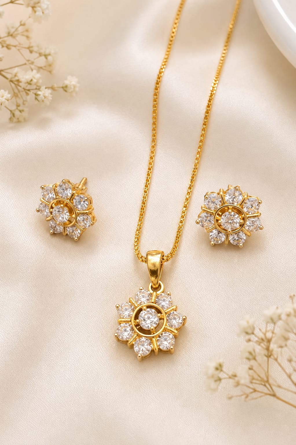 Flower Design CZ Pendant Necklace with Matching Earrings