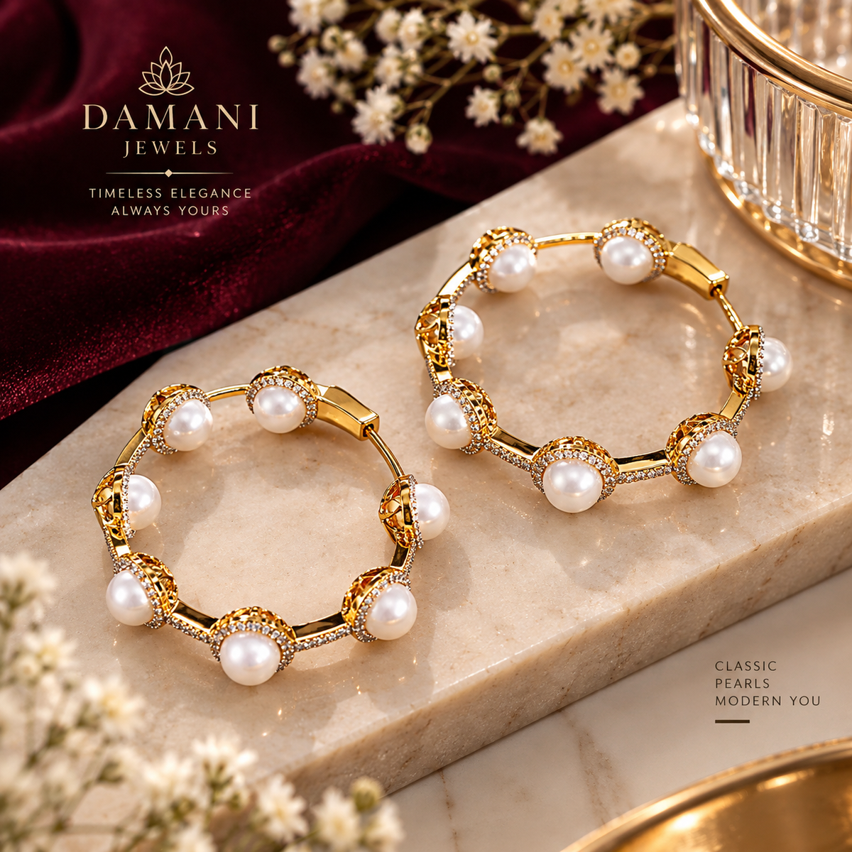 Elegant white pearl and gold hoop earrings for festive wear