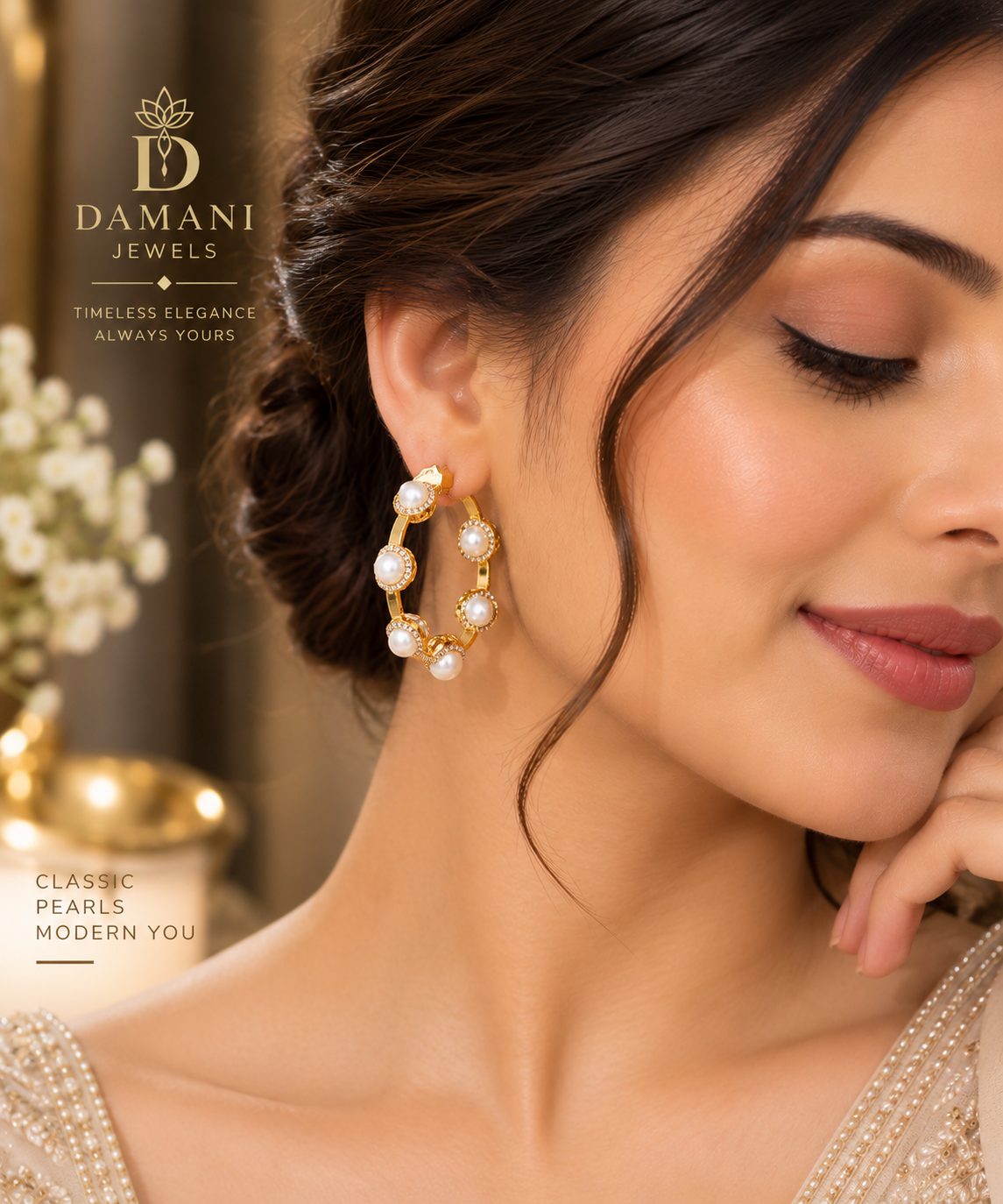Pearl hoop earrings with gold finish for women by Damani Jewels
