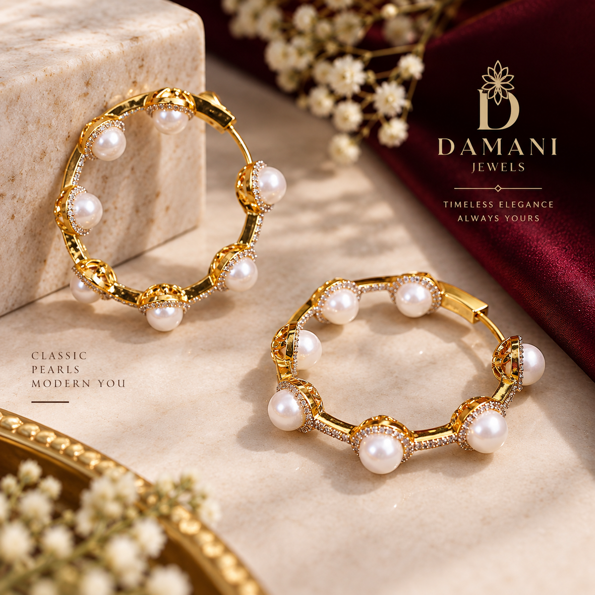 Pearl hoop earrings with gold finish for women by Damani Jewels