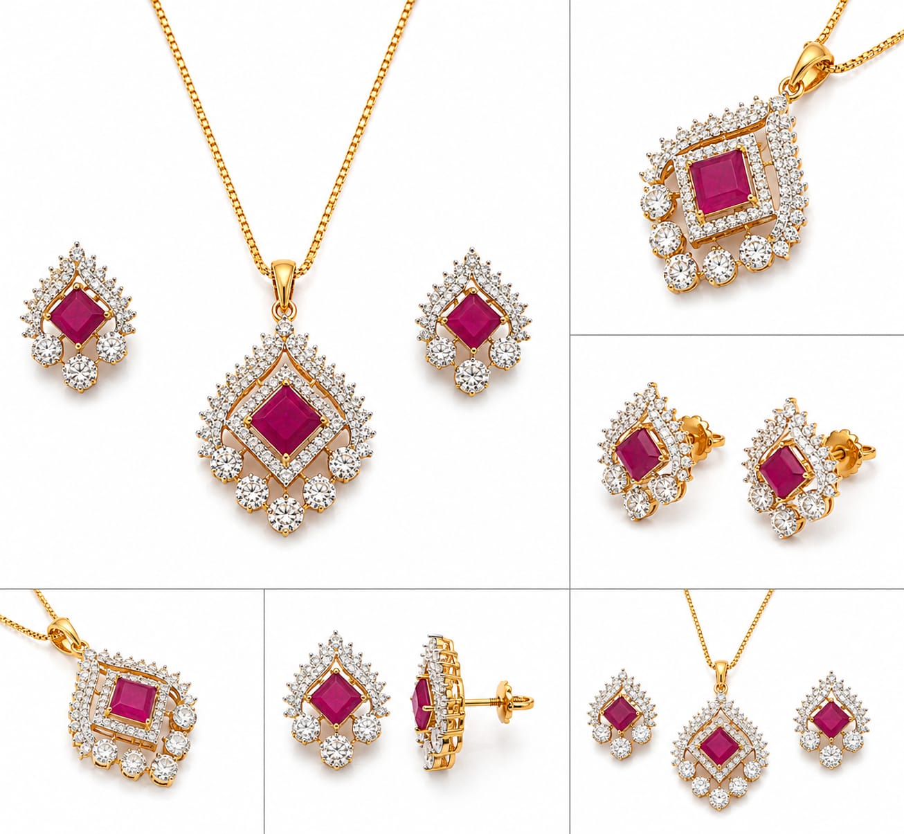 Gold Plated Ruby Red CZ Pendant with Matching Stud Earrings