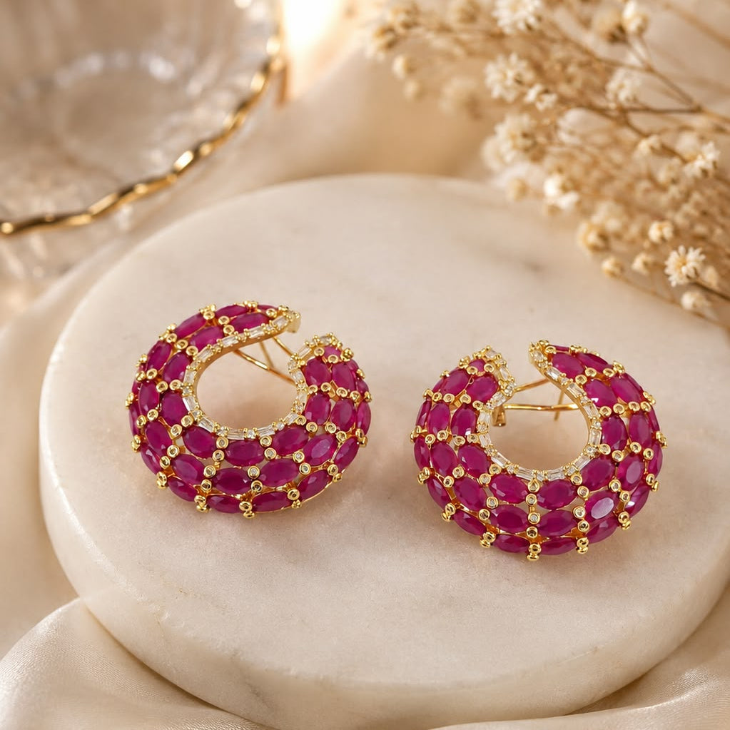 Ruby Red Stone Hoop Earrings for Women | Gold-Tone Statement Earrings