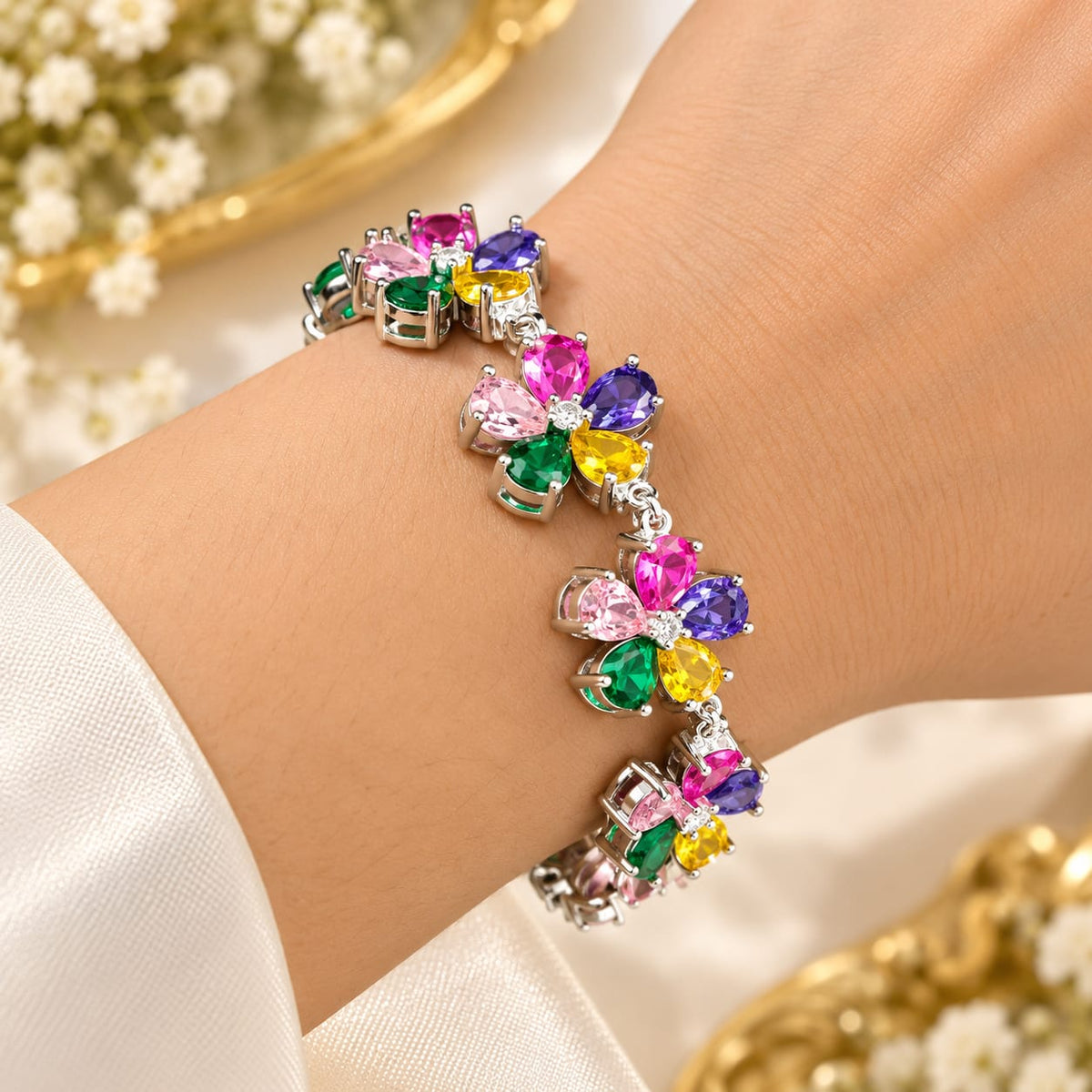 Elegant floral crystal bracelet with vibrant gemstone-style stones for women