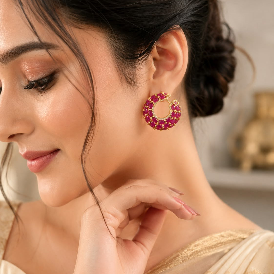 Ruby Red Stone Hoop Earrings for Women | Gold-Tone Statement Earrings