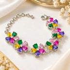 Colorful floral bracelet with multicolor crystal stones on a silver-tone chain