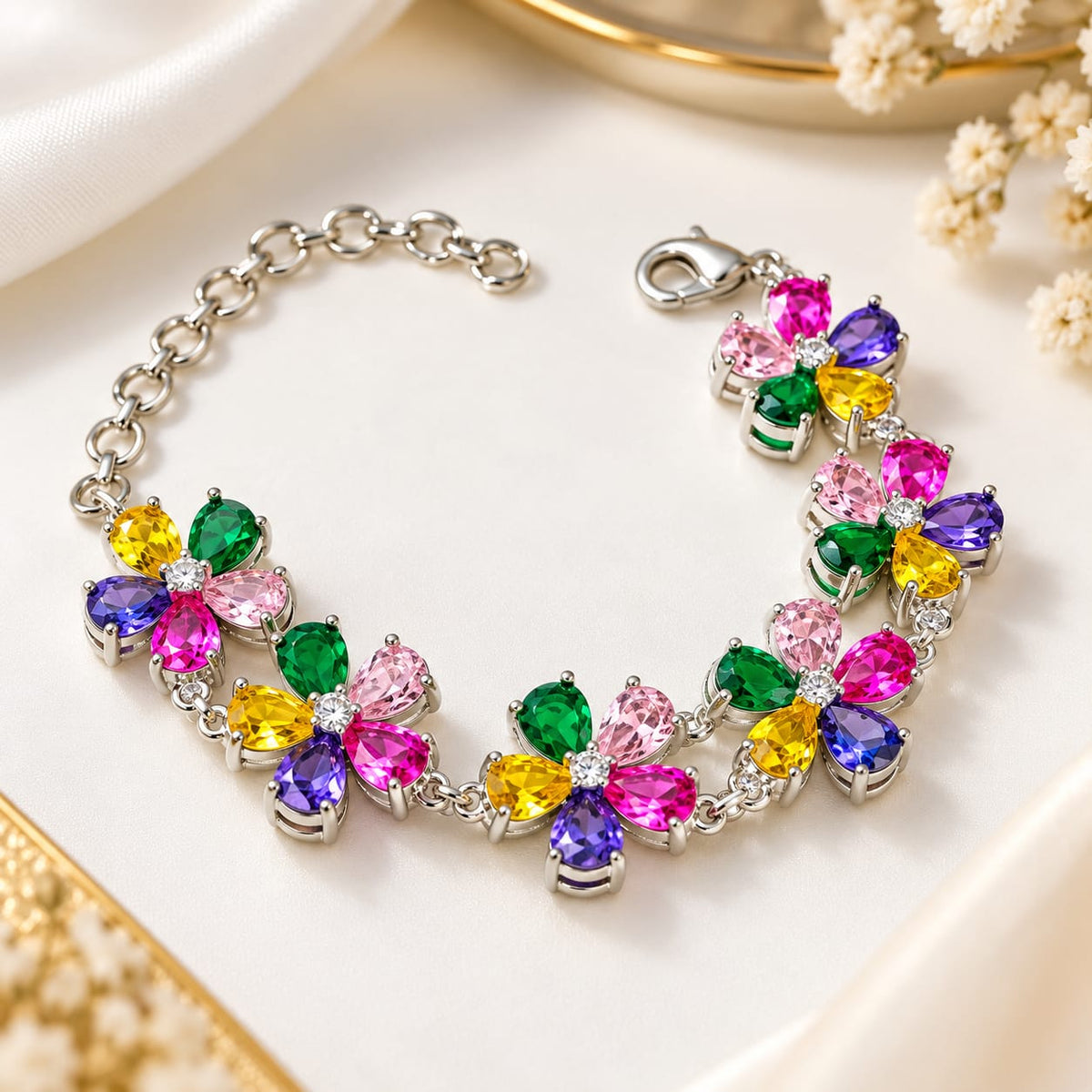 Colorful floral bracelet with multicolor crystal stones on a silver-tone chain