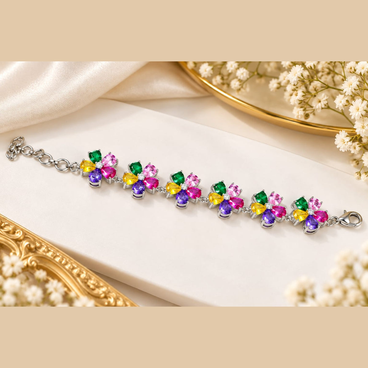 Multicolor flower bracelet featuring pink, green, yellow and purple stones