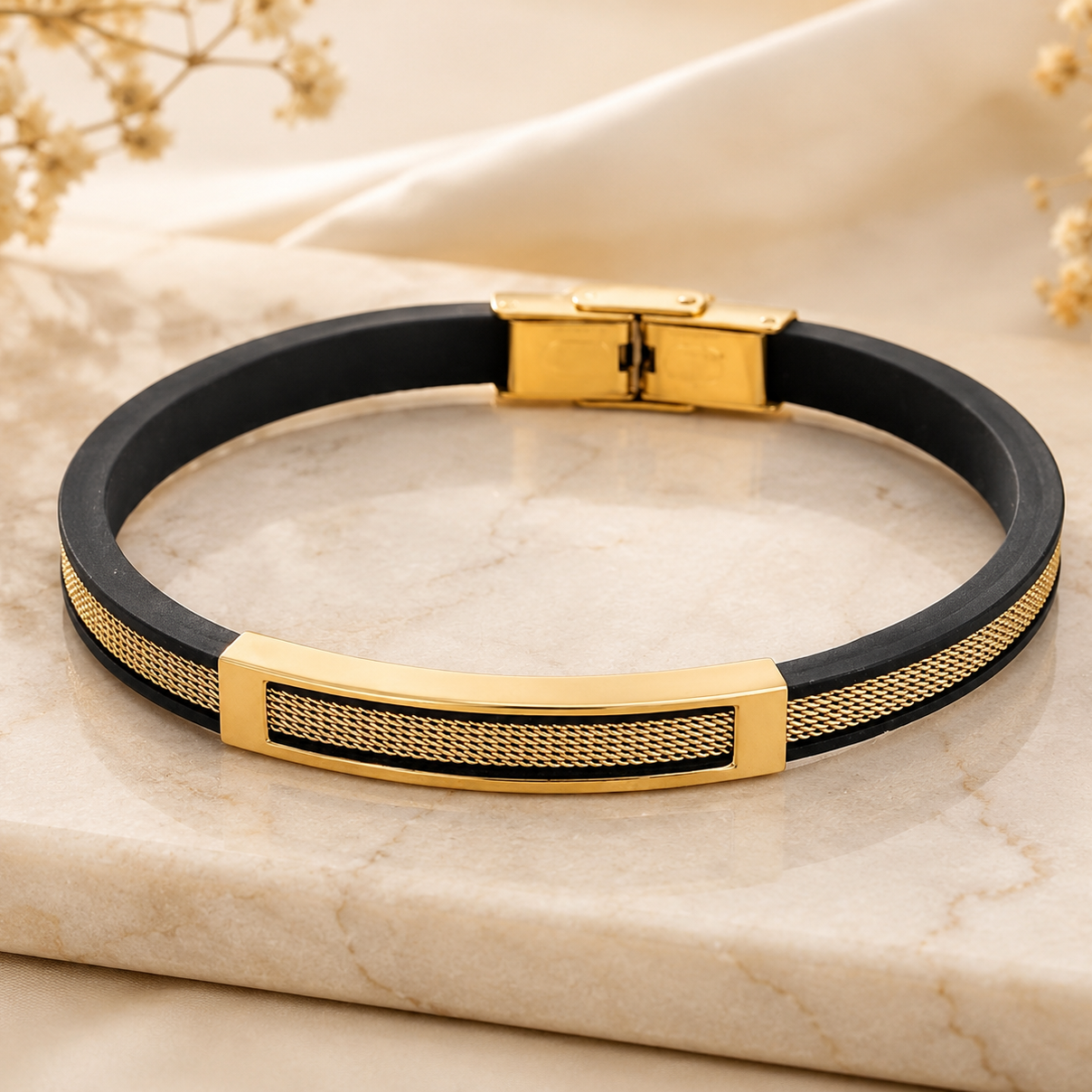 Men’s Black & Gold Mesh Bracelet | Stylish Fashion Wristband