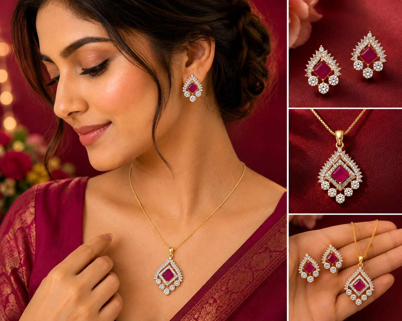 Party Wear Gold Plated Pendant Set with American Diamonds