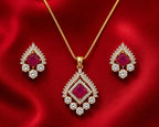 Damani Jewels Ruby Red American Diamond Pendant Set Gold Plated Necklace