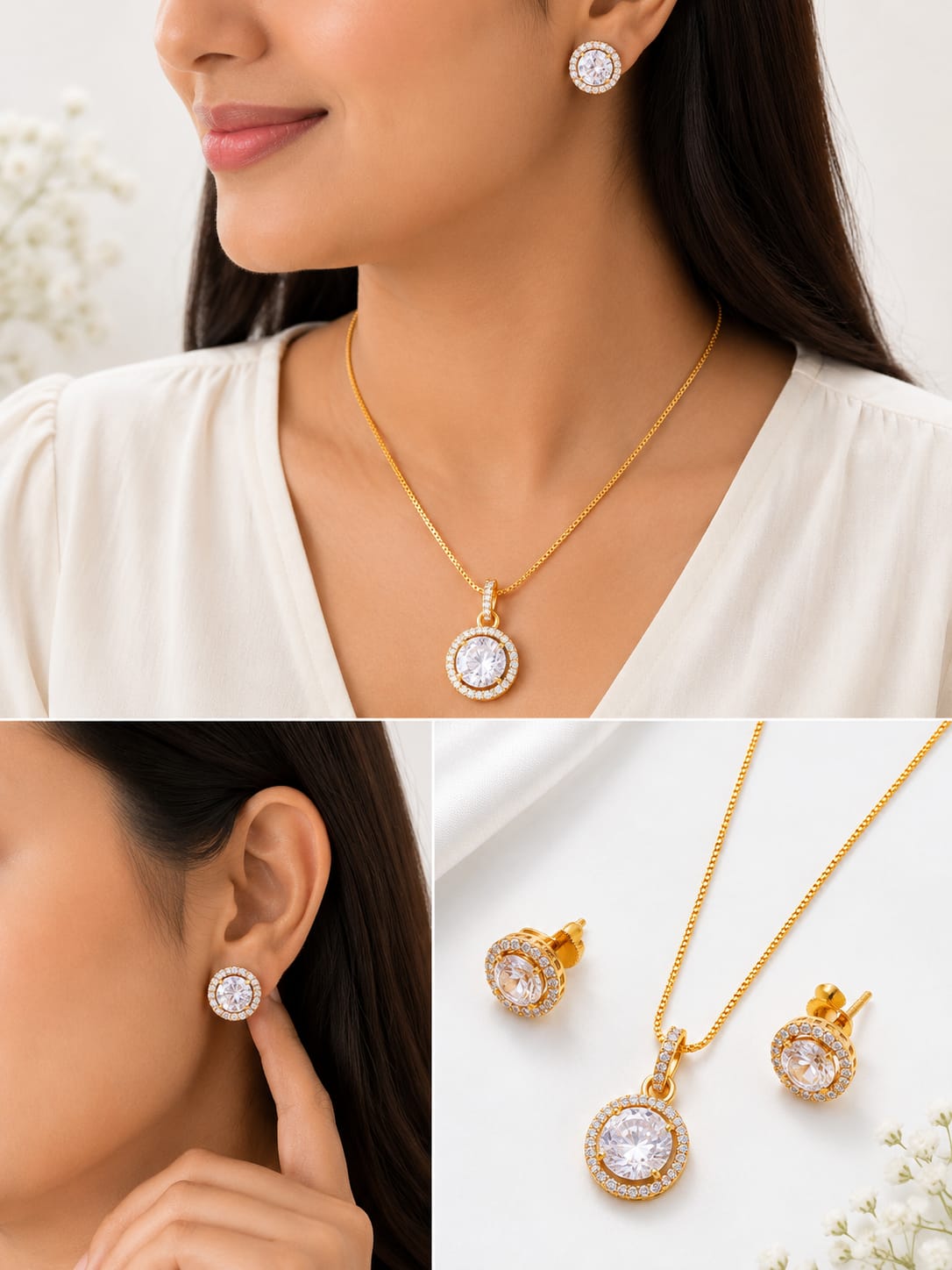 Brilliant Round CZ Pendant Set with Gold Finish by Damani Jewels