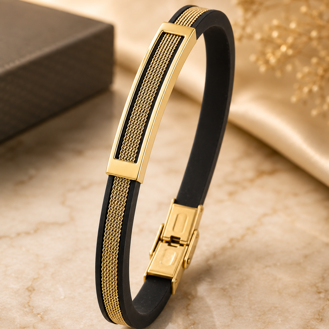 Men’s Black & Gold Mesh Bracelet | Stylish Fashion Wristband