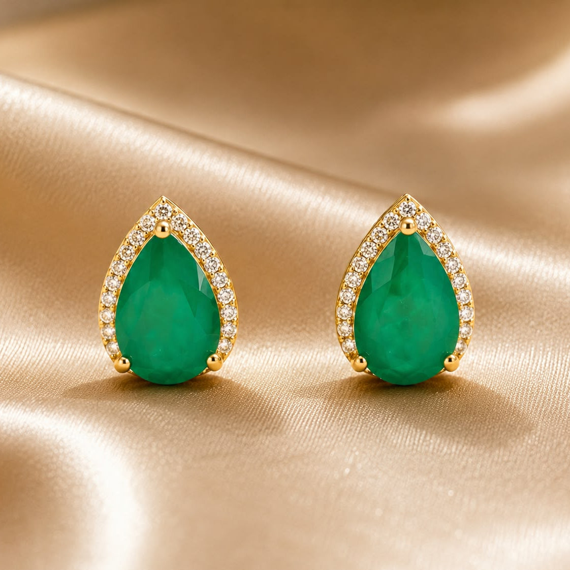 Emerald Cut Green Stone Earrings with Crystal Border | Gold-Tone Statement Earrings