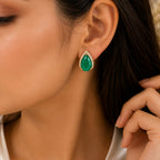 Emerald Cut Green Stone Earrings with Crystal Border | Gold-Tone Statement Earrings