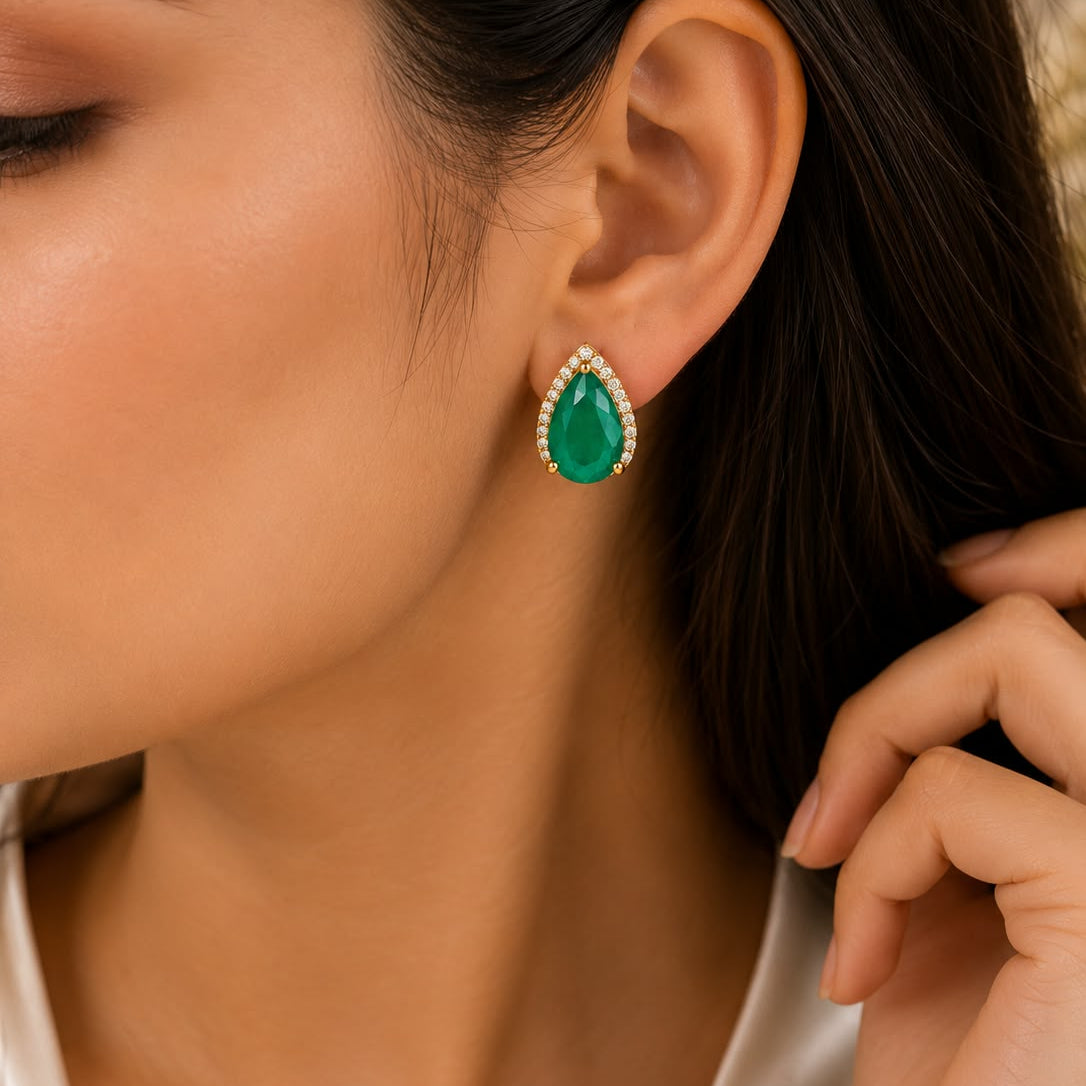 Emerald Cut Green Stone Earrings with Crystal Border | Gold-Tone Statement Earrings