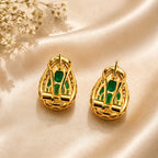 Emerald Cut Green Stone Earrings with Crystal Border | Gold-Tone Statement Earrings