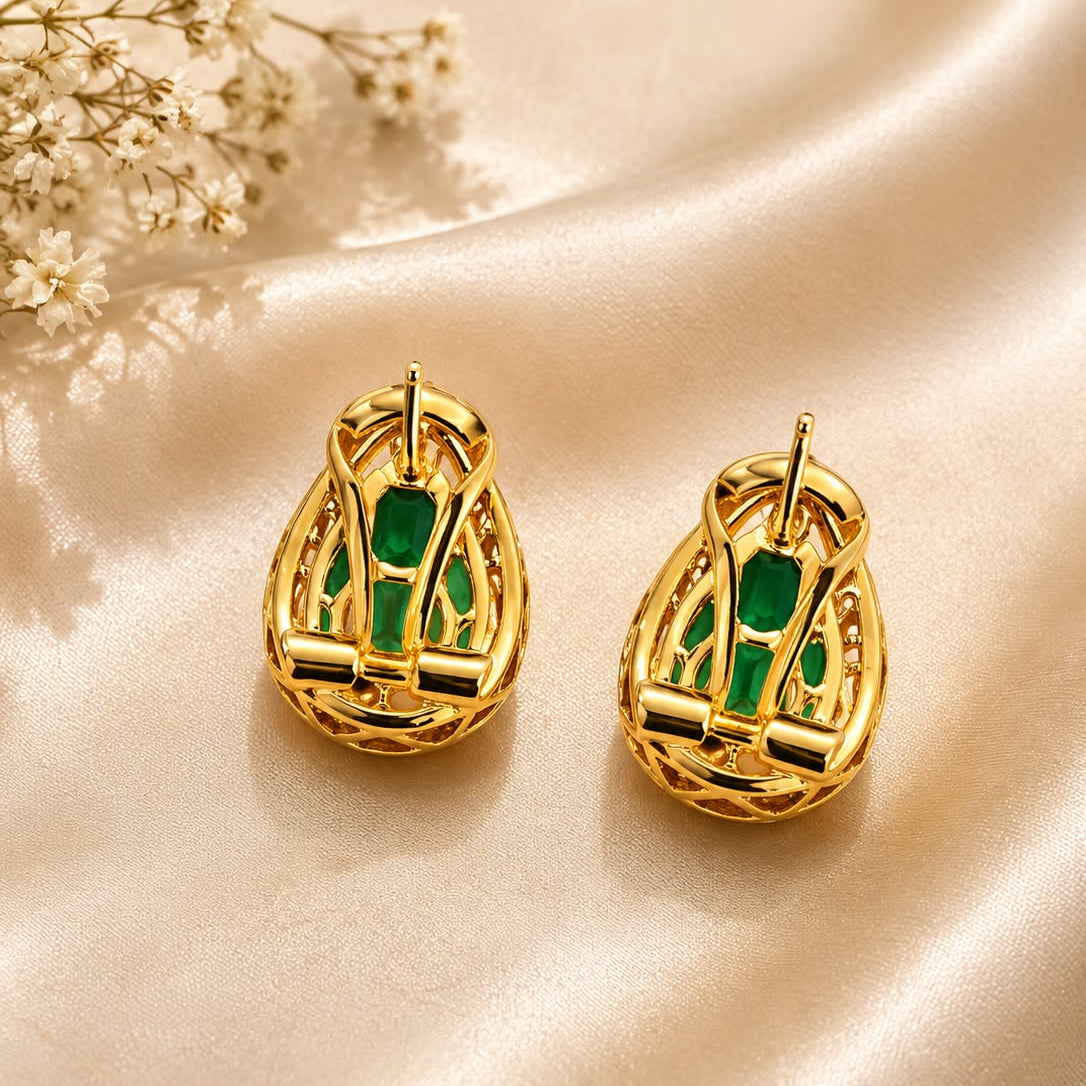 Emerald Cut Green Stone Earrings with Crystal Border | Gold-Tone Statement Earrings