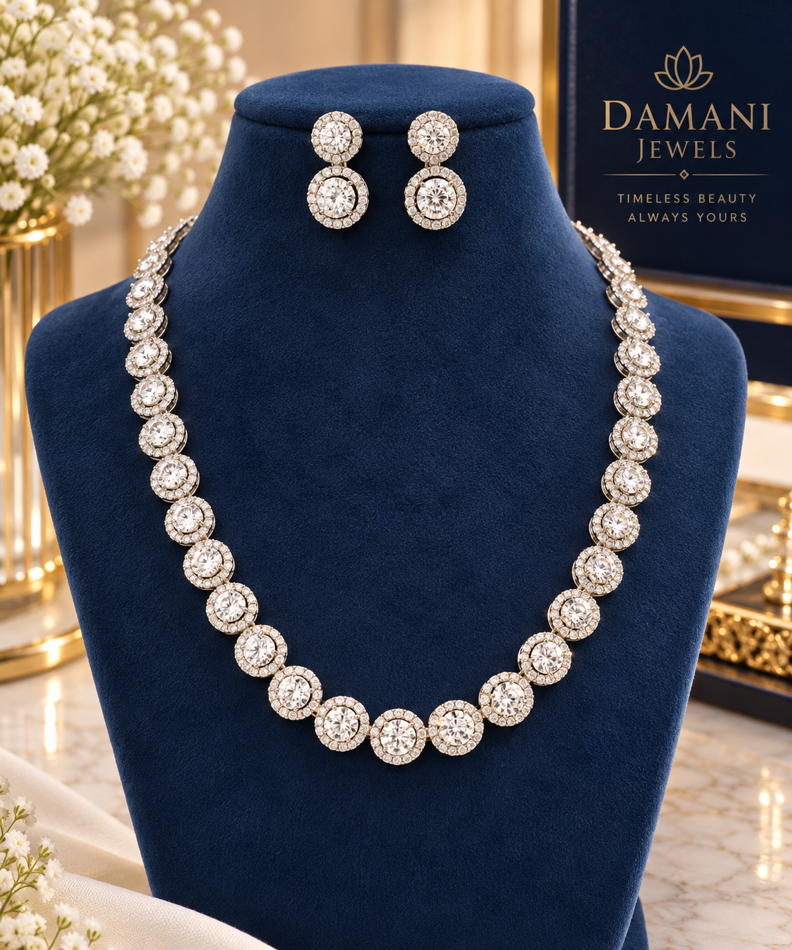 White stone designer necklace with matching earrings