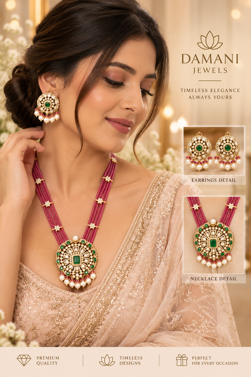 Ruby  beaded Kundan necklace set with green pendant and matching earrings by Damani Jewels