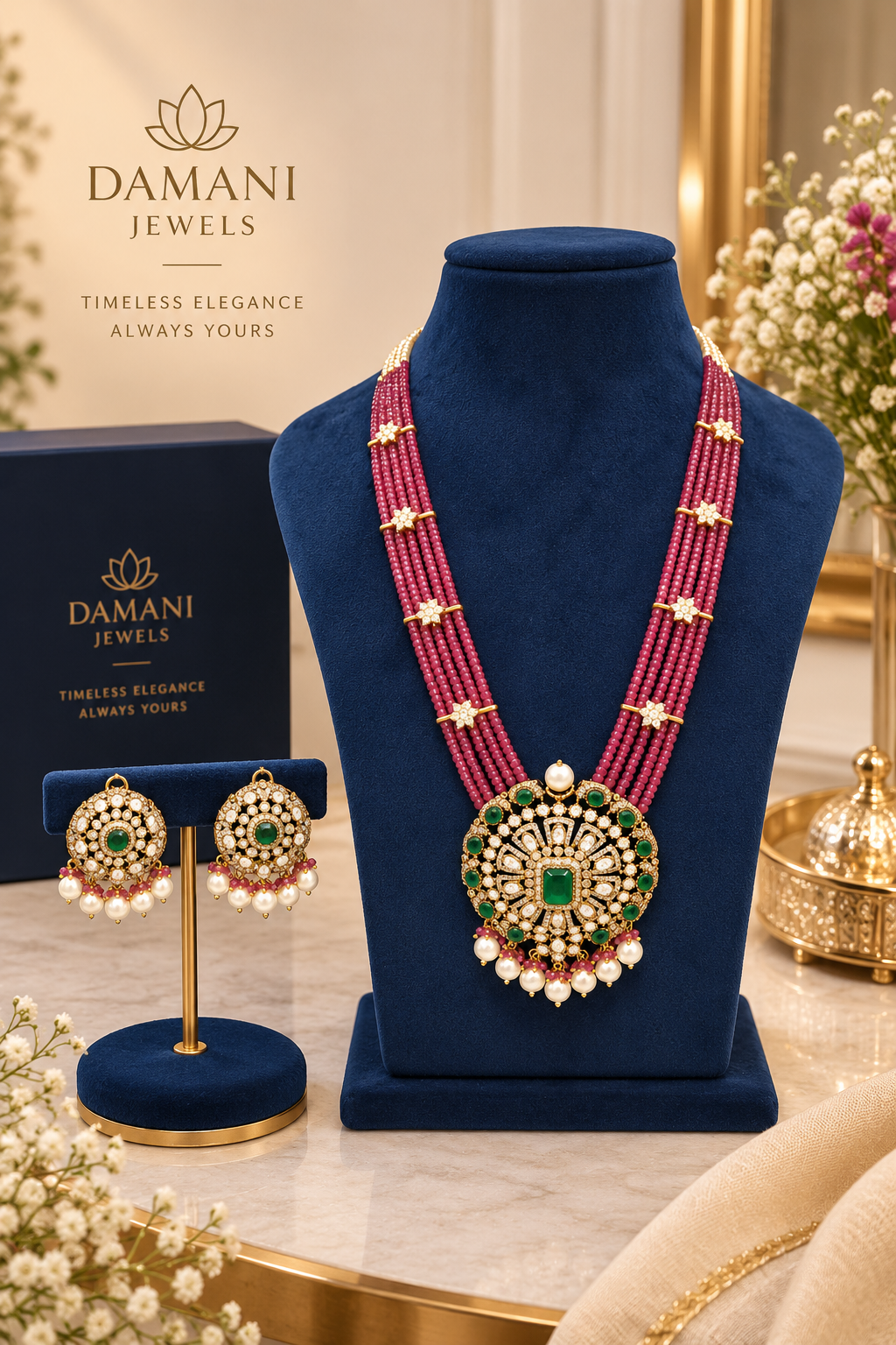 Ruby multi-strand beaded bridal necklace with green pendant