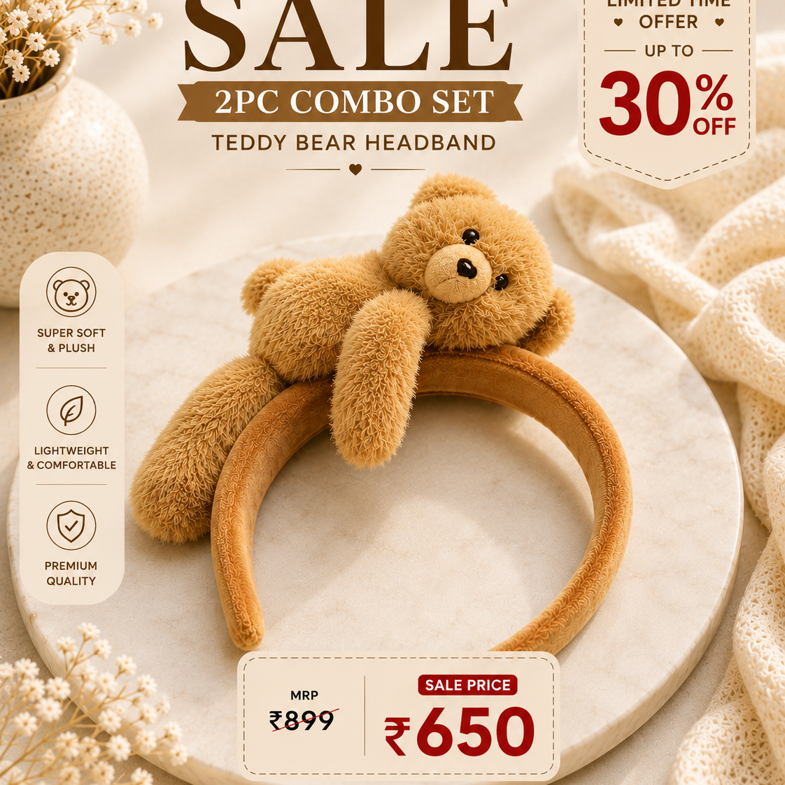 Teddy Bear Headband Combo Set – 2 Piece Plush Cute Hair Bands for Girls & Women