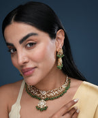 Traditional Kundan Choker Necklace Set with Green Beads & Earrings for Women | Bridal Ethnic Jewelry