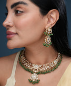 Traditional Kundan Choker Necklace Set with Green Beads & Earrings for Women | Bridal Ethnic Jewelry