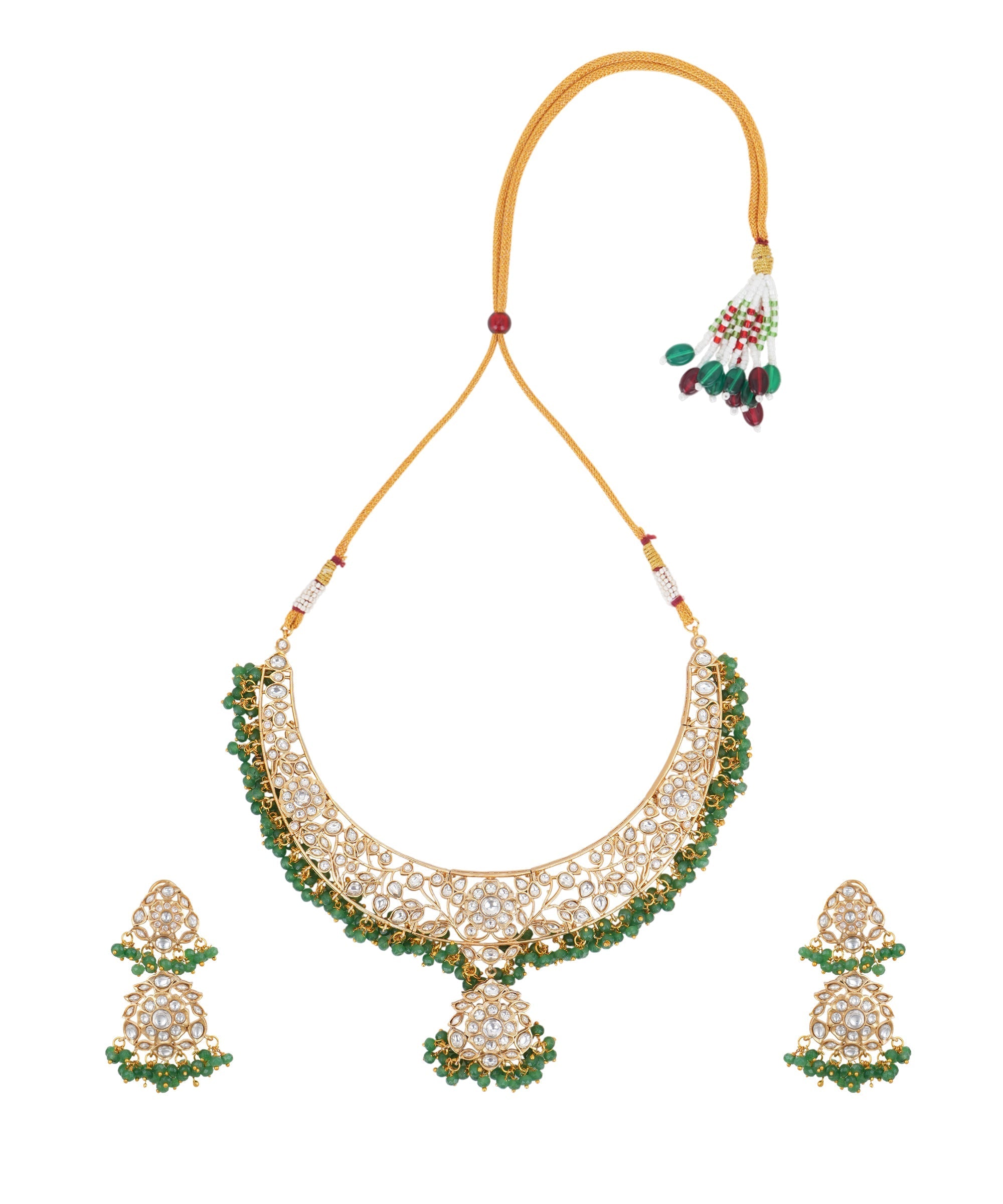 Traditional Kundan Choker Necklace Set with Green Beads & Earrings for Women | Bridal Ethnic Jewelry