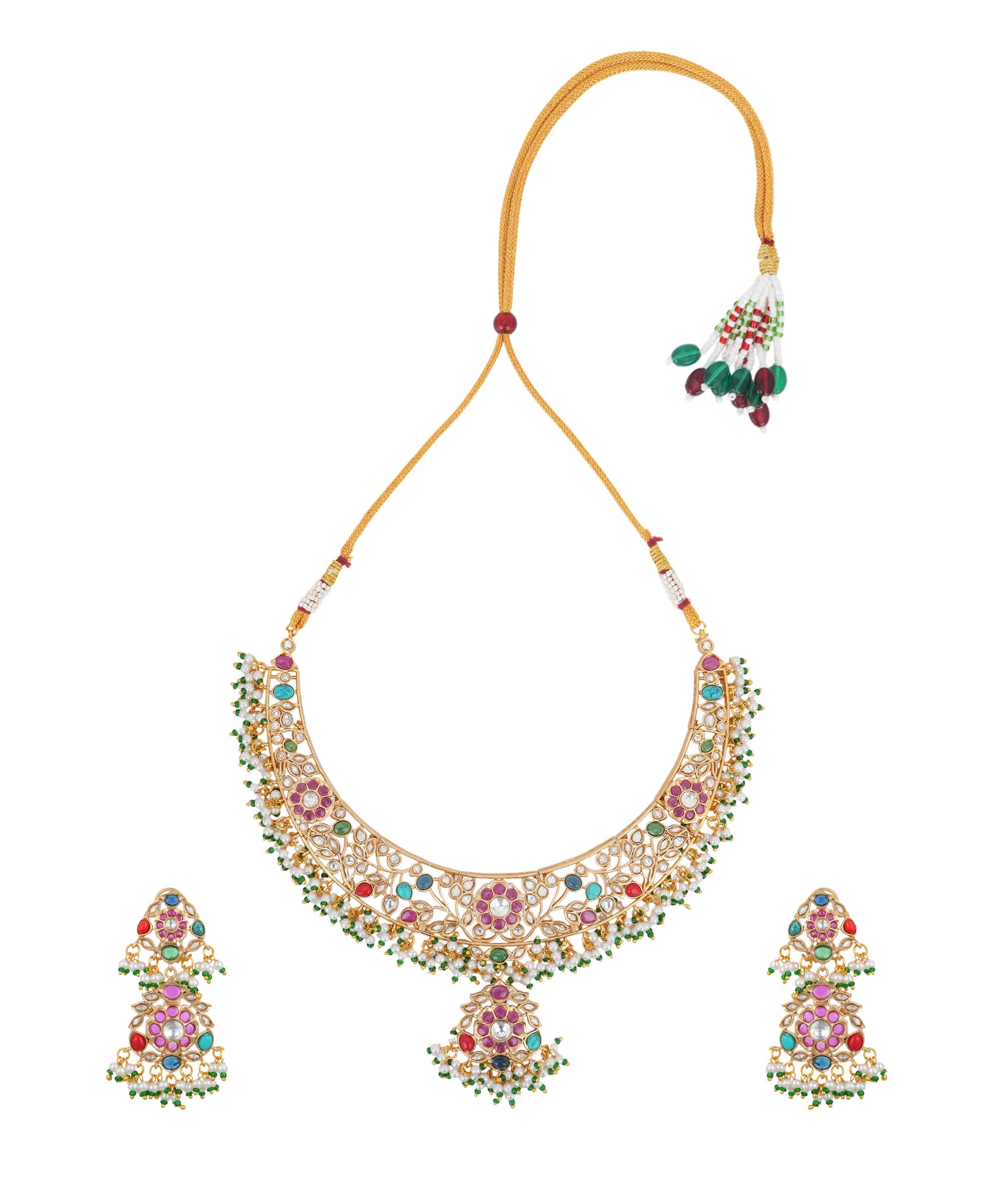 Traditional Multicolor Kundan Choker Necklace Set with Earrings for Women | Bridal Ethnic Jewelry