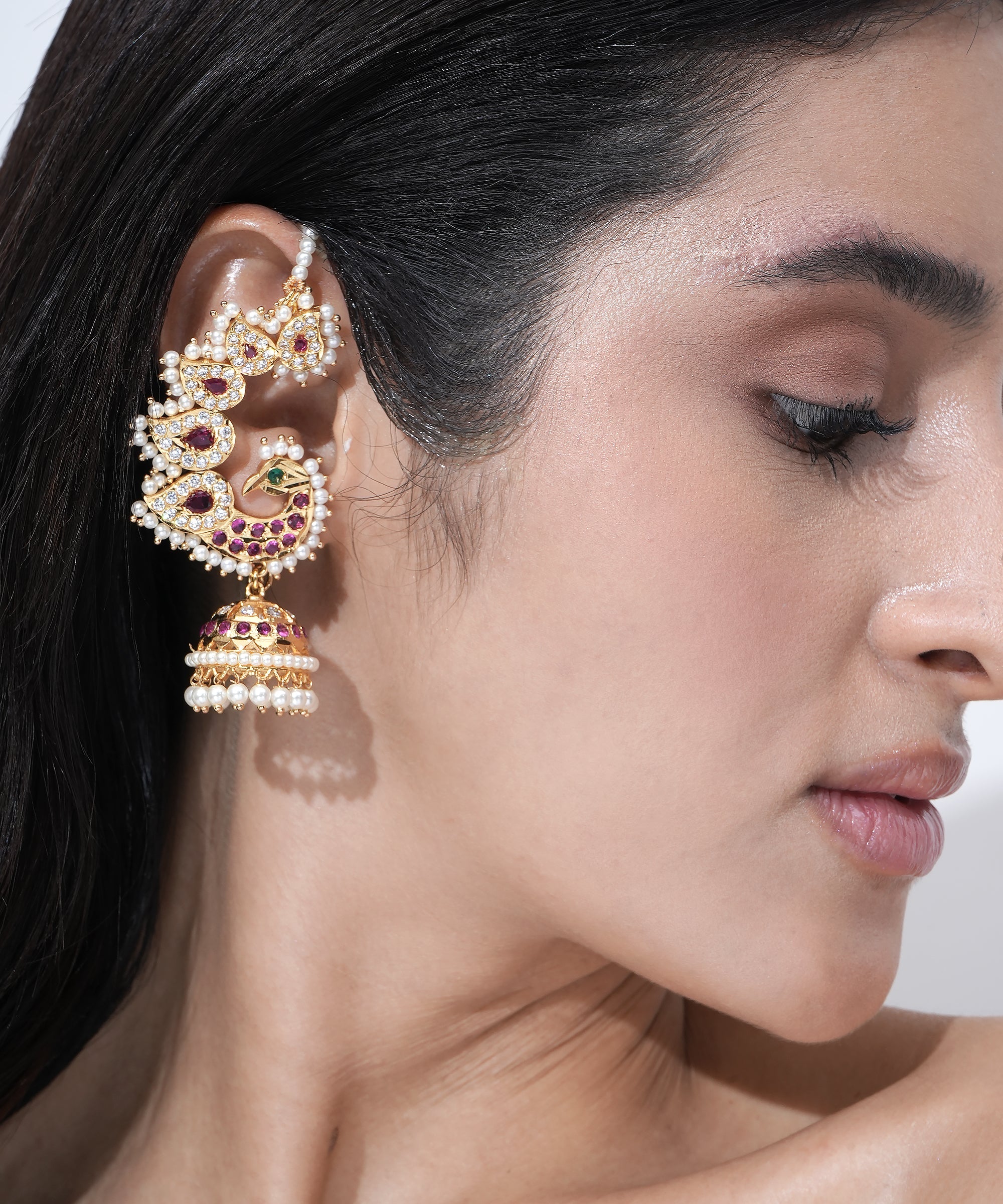 Damani Jewels Traditional Peacock Jhumka Earrings with Pearls, Pink Stones & CZ Diamond Work | Bridal Ethnic Earrings for Women