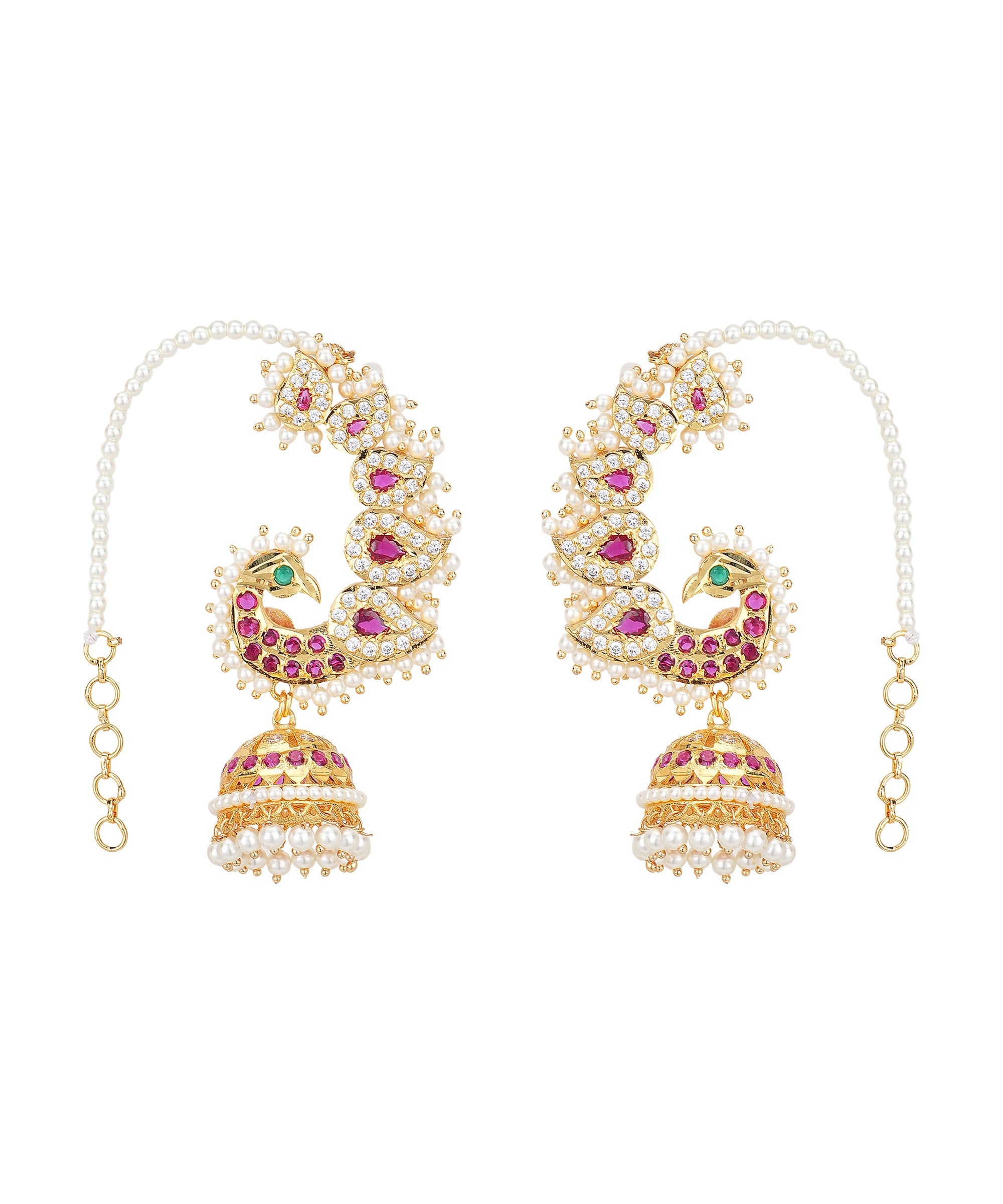 Damani Jewels Traditional Peacock Jhumka Earrings with Pearls, Pink Stones & CZ Diamond Work | Bridal Ethnic Earrings for Women