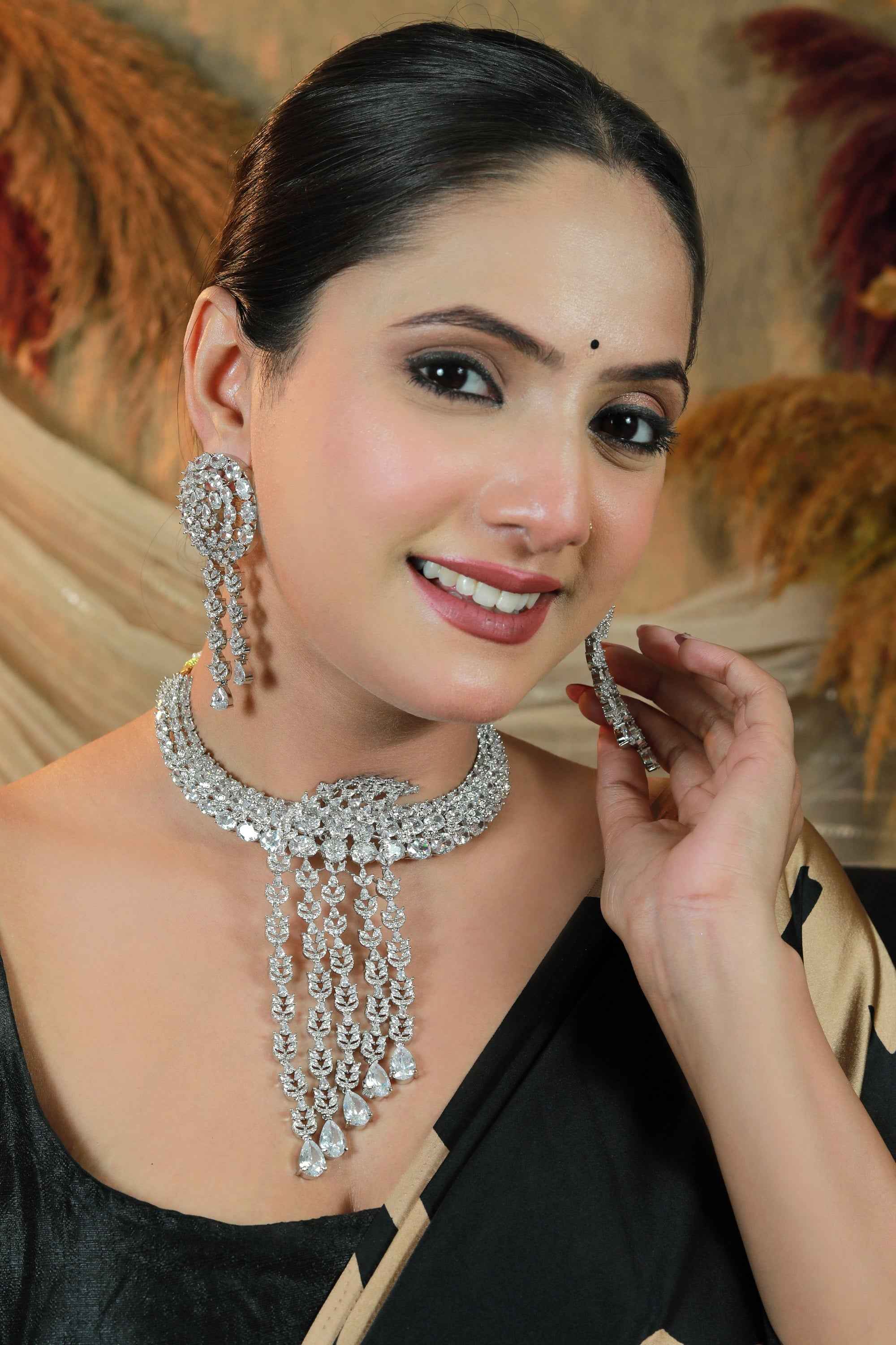 Premium Silver CZ Bridal Necklace Set with Long Dangling Design – Statement Wedding Jewelry