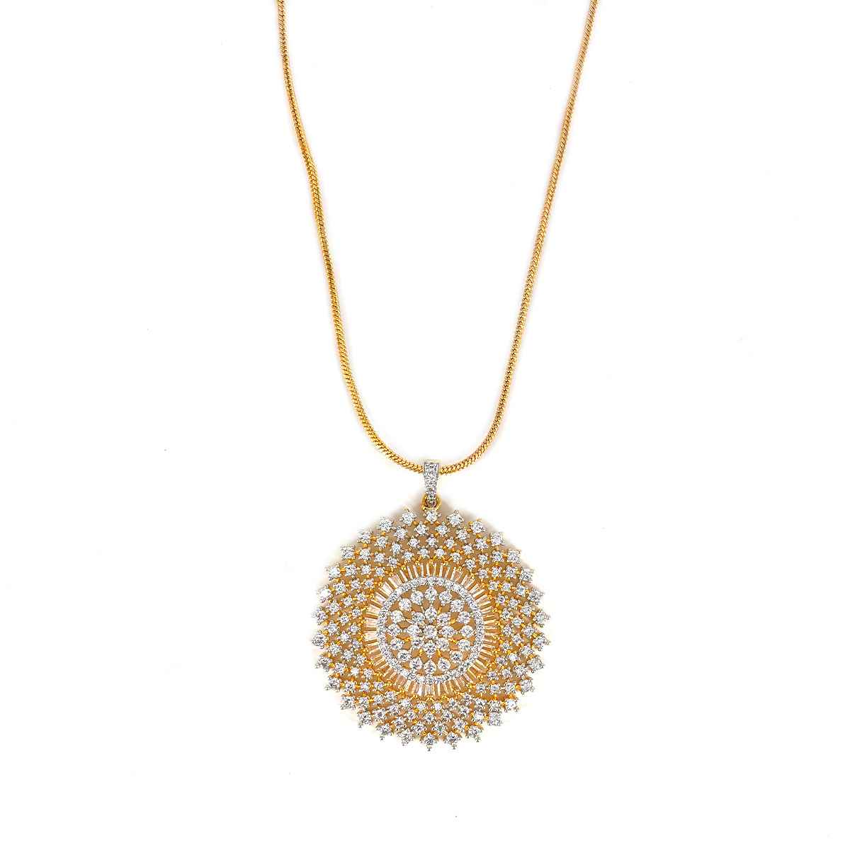 A stunning gold-plated round pendant set designed with premium CZ stones.