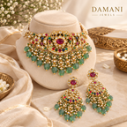 Damani Jewels Moissanite Kundan necklace set with green beads and matching earrings